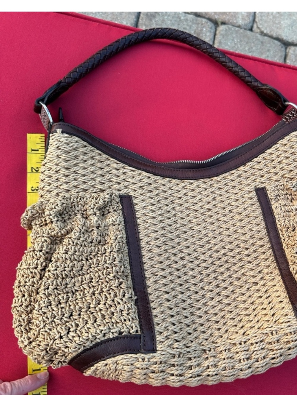 Brighton Woven Straw Handbag Shoulder purse brown leather trim size large - Picture 2 of 13